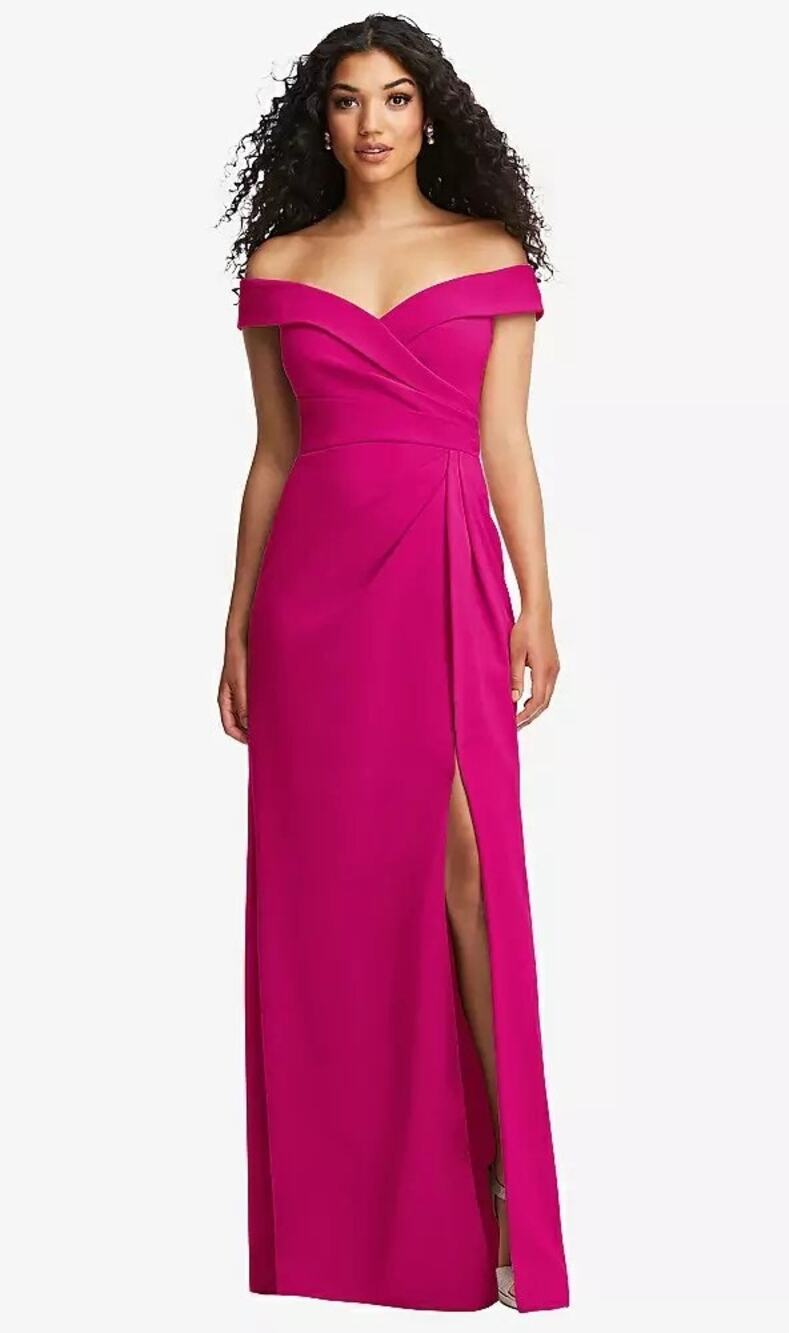 2817 NWOT After Six 6872 Cuffed Off-the-Shoulder Pleated Faux Wrap Maxi Dress